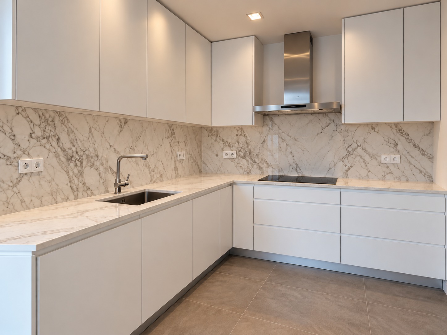 Cocina blanca con encimera y frente veteados