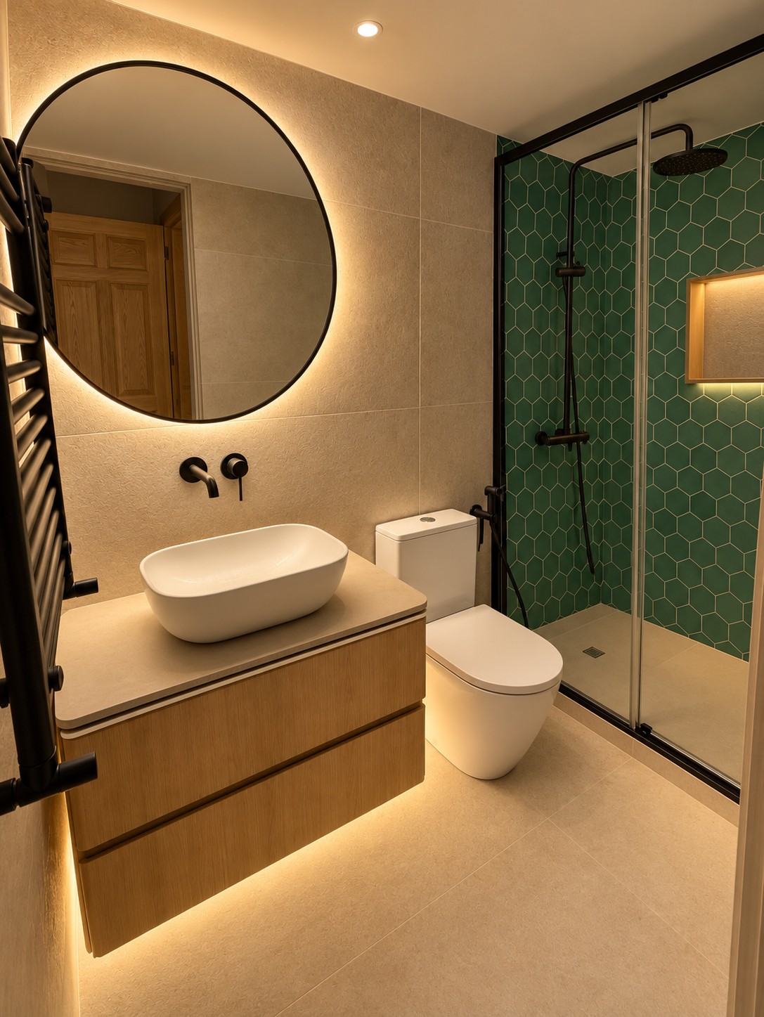 Baño reformado con ducha verde y mueble de lavabo