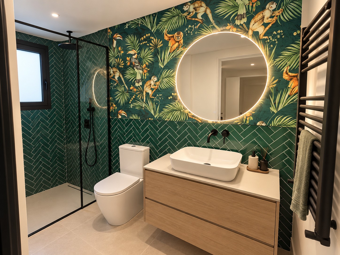 Baño con revestimiento verde y papel tropical