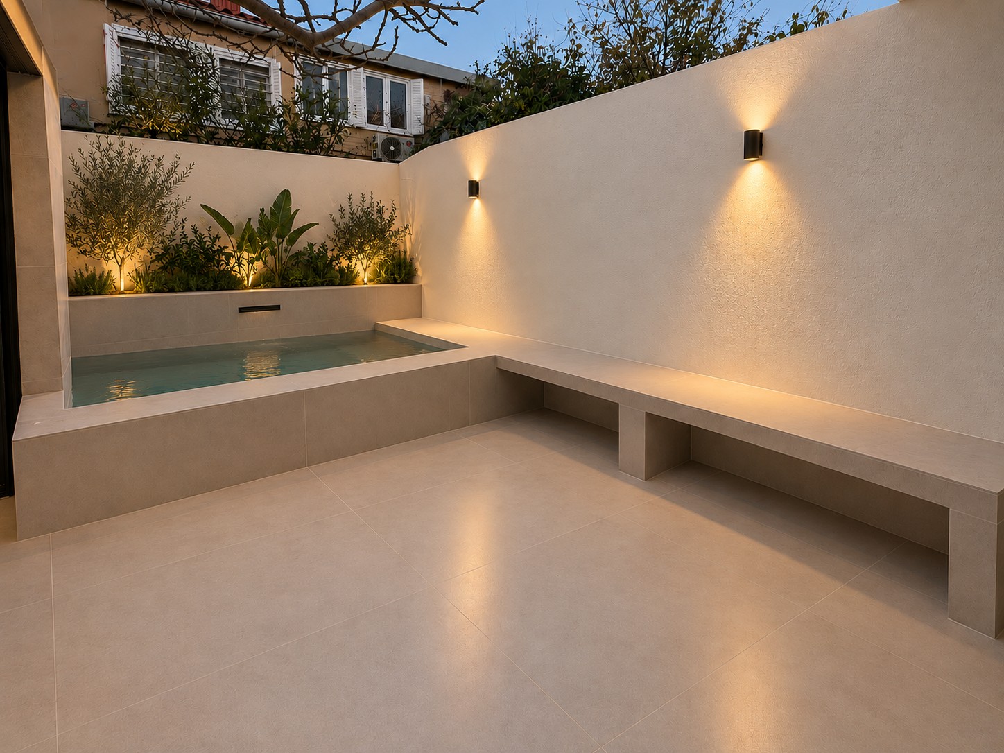 Patio renovado con iluminación cálida